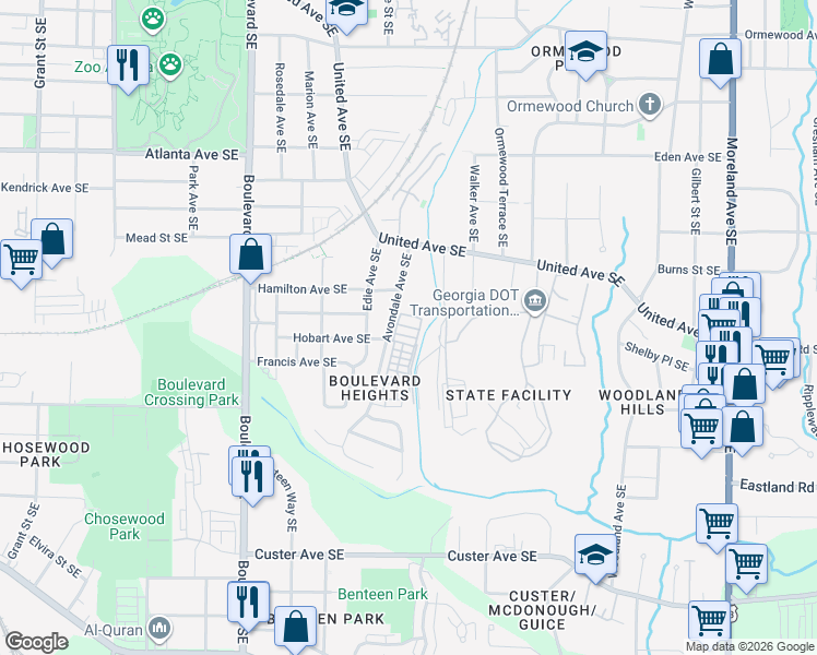 map of restaurants, bars, coffee shops, grocery stores, and more near 1144 Avondale Avenue Southeast in Atlanta