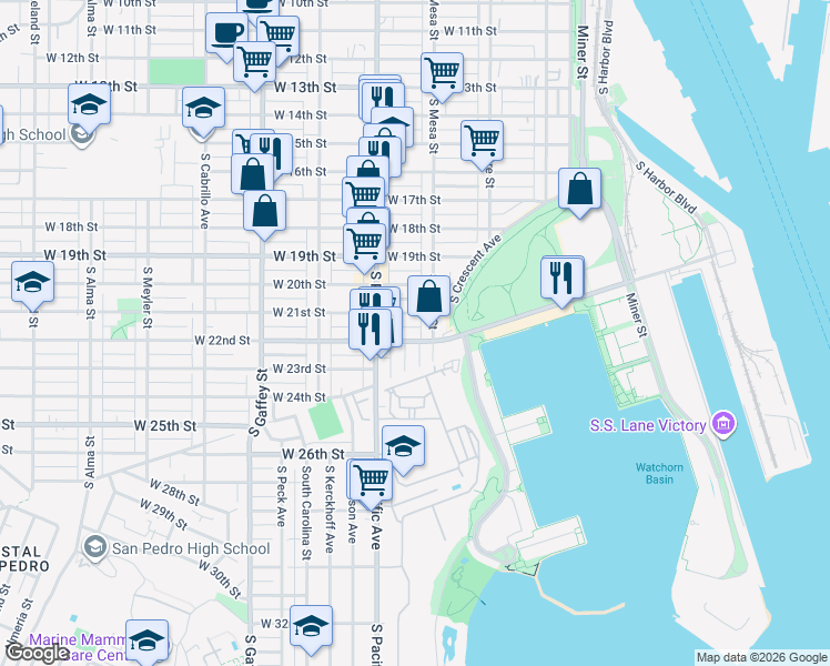 map of restaurants, bars, coffee shops, grocery stores, and more near 452 West 22nd Street in Los Angeles