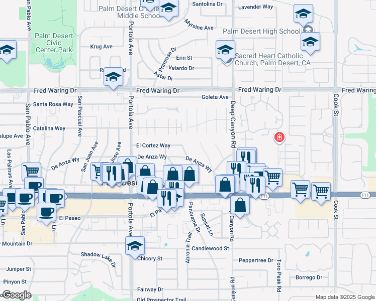 map of restaurants, bars, coffee shops, grocery stores, and more near 44558 Santa Ynez Avenue in Palm Desert