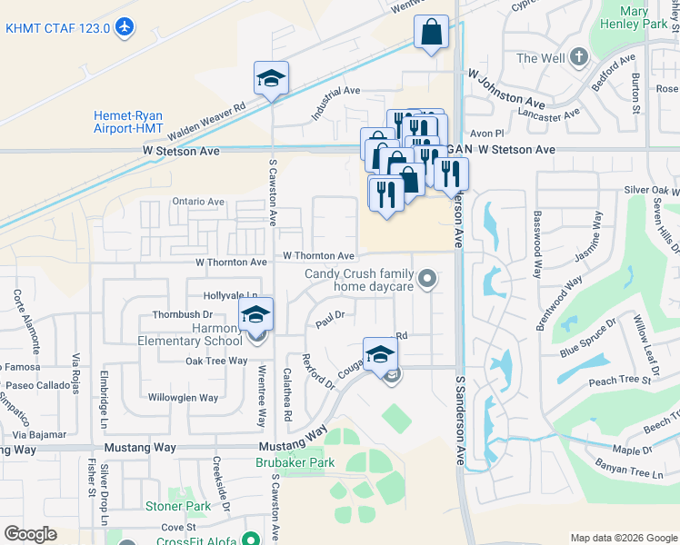map of restaurants, bars, coffee shops, grocery stores, and more near 3920 Roxbury Drive in Hemet