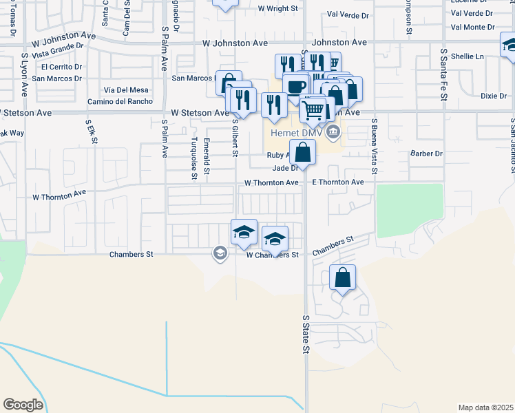map of restaurants, bars, coffee shops, grocery stores, and more near 1455 South State Street in Hemet
