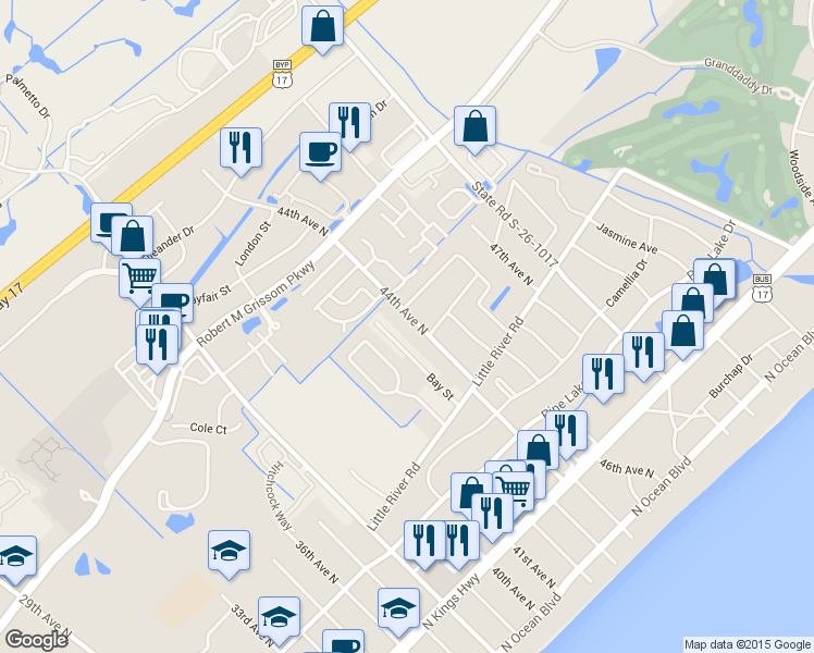map of restaurants, bars, coffee shops, grocery stores, and more near 821 44th Avenue North in Myrtle Beach