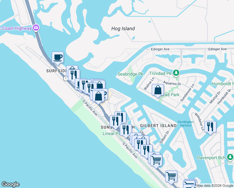 map of restaurants, bars, coffee shops, grocery stores, and more near 3195 Anne Circle in Huntington Beach