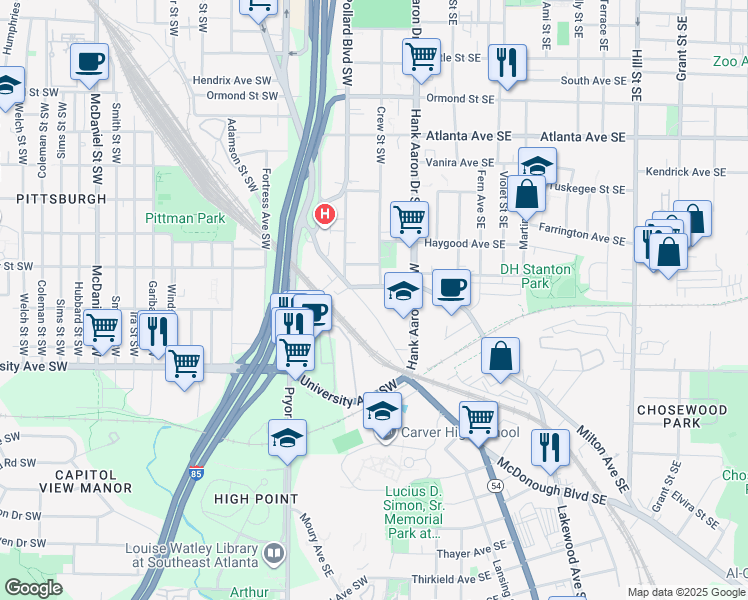 map of restaurants, bars, coffee shops, grocery stores, and more near 1100 Ridge Avenue Southwest in Atlanta