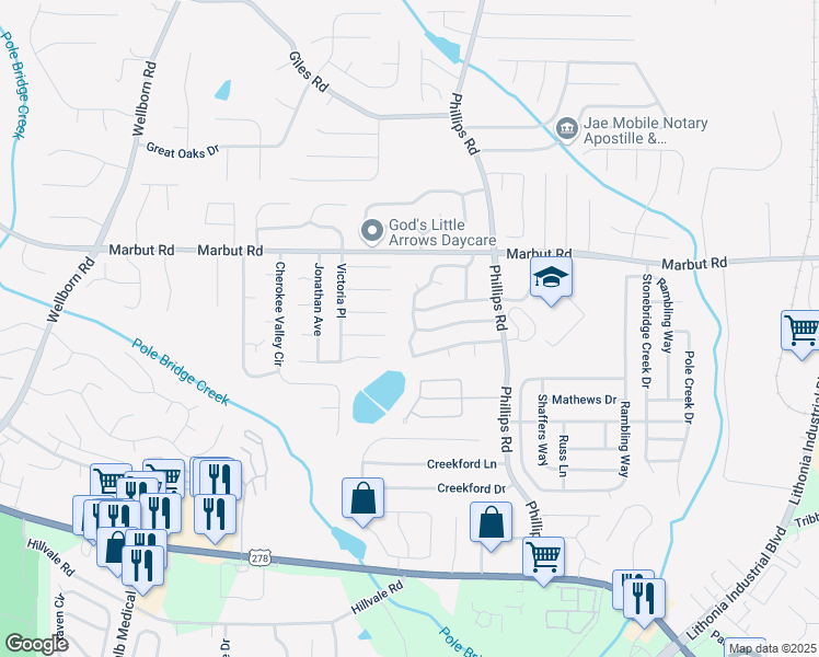 map of restaurants, bars, coffee shops, grocery stores, and more near 6199 Marbut Farms Chase in Lithonia