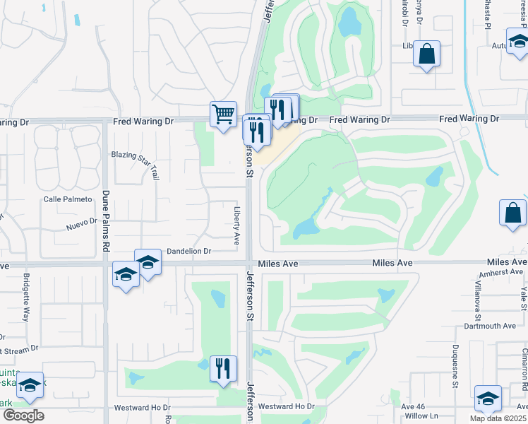 map of restaurants, bars, coffee shops, grocery stores, and more near 44090 Royal Troon Drive in Indio