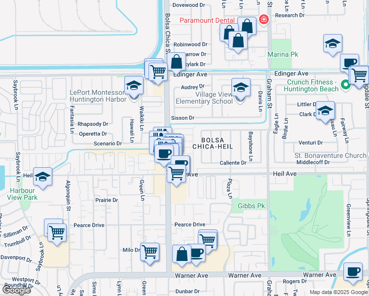 map of restaurants, bars, coffee shops, grocery stores, and more near 16444 Bolsa Chica Street in Huntington Beach