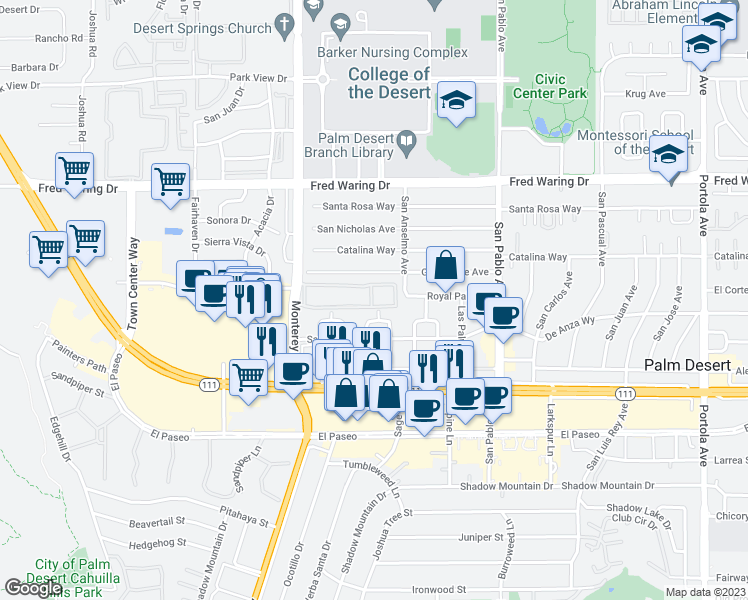 map of restaurants, bars, coffee shops, grocery stores, and more near 44610 Monterey Avenue in Palm Desert