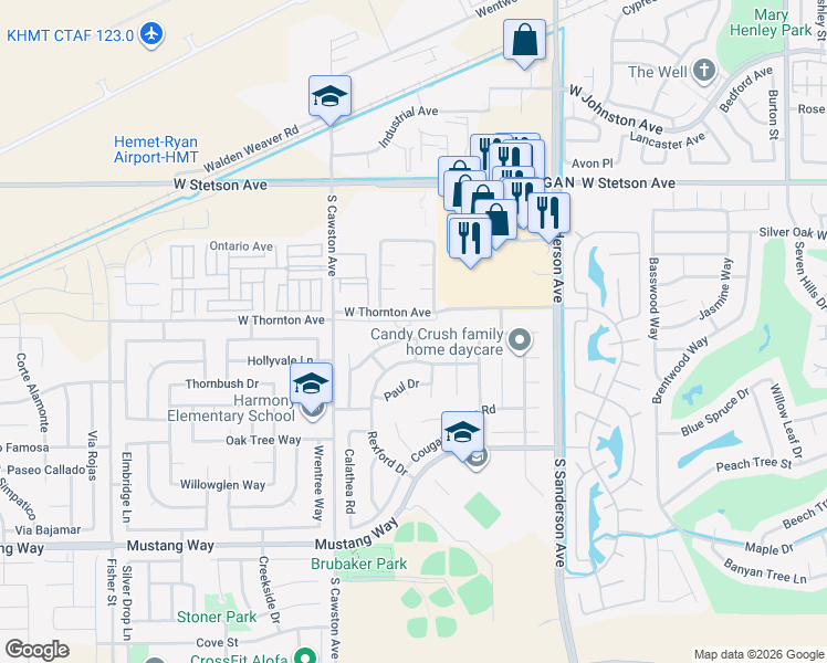 map of restaurants, bars, coffee shops, grocery stores, and more near 3920 Roxbury Drive in Hemet