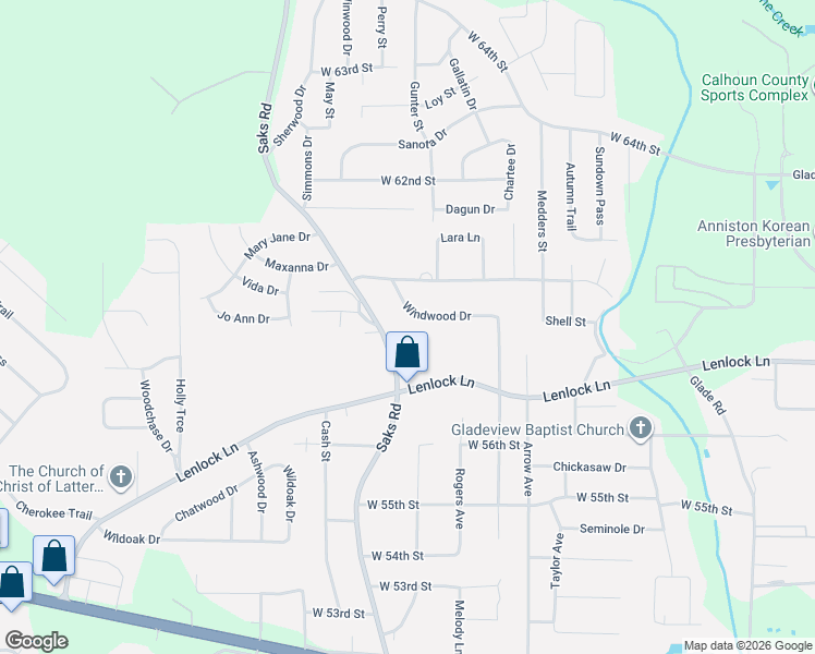 map of restaurants, bars, coffee shops, grocery stores, and more near 716 Windwood Drive in Anniston