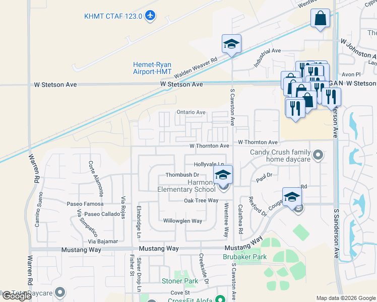 map of restaurants, bars, coffee shops, grocery stores, and more near 4490 Rainbow View Way in Hemet