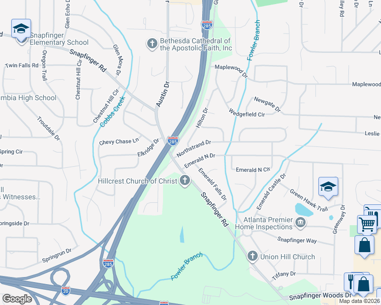 map of restaurants, bars, coffee shops, grocery stores, and more near 3867 Northstrand Drive in Decatur