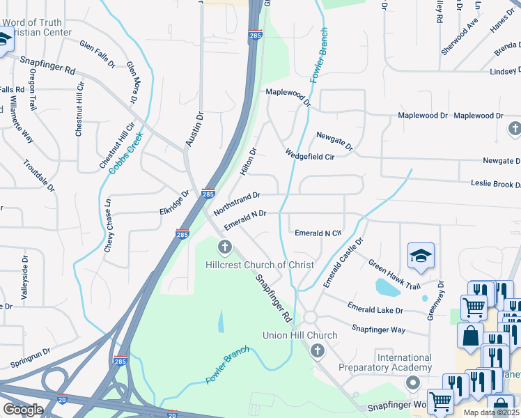 map of restaurants, bars, coffee shops, grocery stores, and more near 3900 Emerald North Drive in Decatur