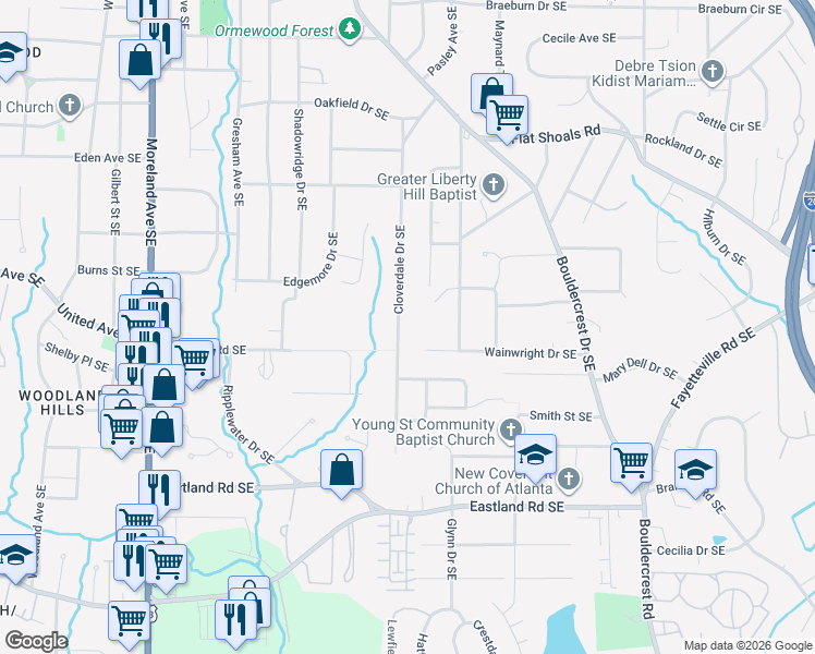 map of restaurants, bars, coffee shops, grocery stores, and more near 2248 Cloverdale Drive Southeast in Atlanta
