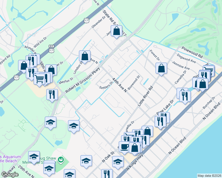 map of restaurants, bars, coffee shops, grocery stores, and more near 42 Longleaf Place in Myrtle Beach