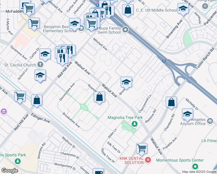 map of restaurants, bars, coffee shops, grocery stores, and more near 14491 Cloverbrook Drive in Tustin