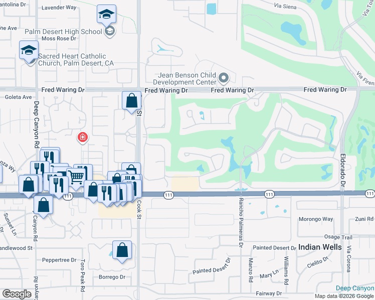 map of restaurants, bars, coffee shops, grocery stores, and more near 75304 Saint Andrews Court in Indian Wells