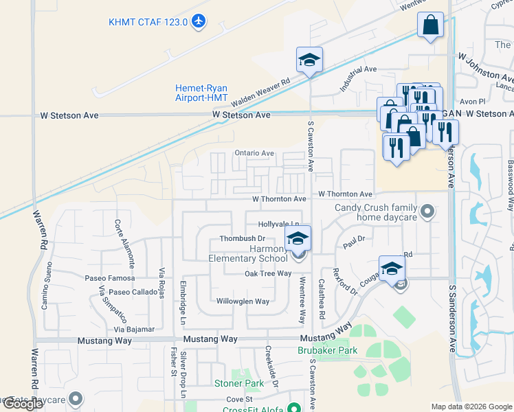 map of restaurants, bars, coffee shops, grocery stores, and more near 4450 Rainbow View Way in Hemet