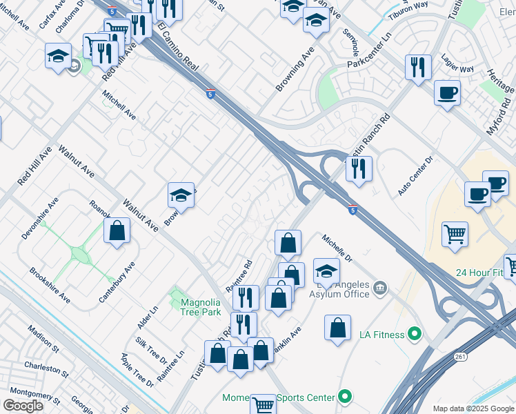 map of restaurants, bars, coffee shops, grocery stores, and more near 2234 Beechnut Road in Tustin
