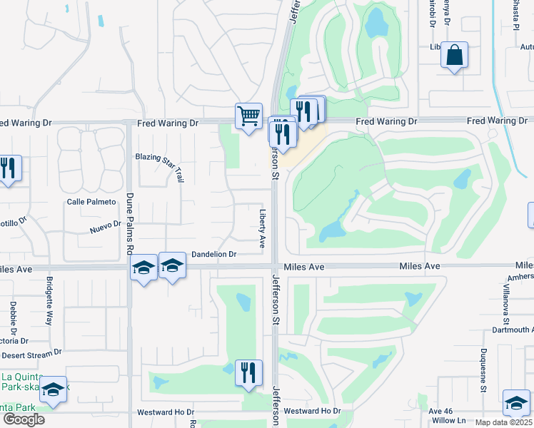 map of restaurants, bars, coffee shops, grocery stores, and more near 44648 Liberty Avenue in La Quinta