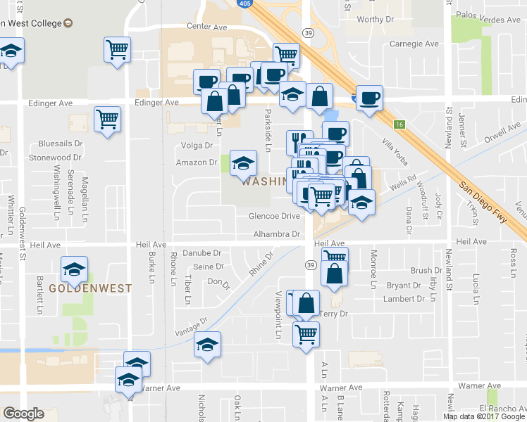 map of restaurants, bars, coffee shops, grocery stores, and more near 7871 Glencoe Drive in Huntington Beach