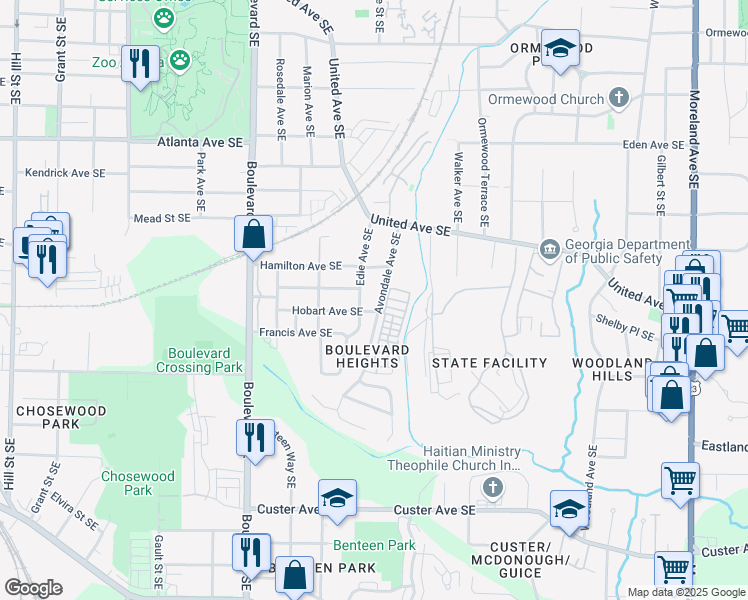 map of restaurants, bars, coffee shops, grocery stores, and more near 1105 Avondale Avenue Southeast in Atlanta