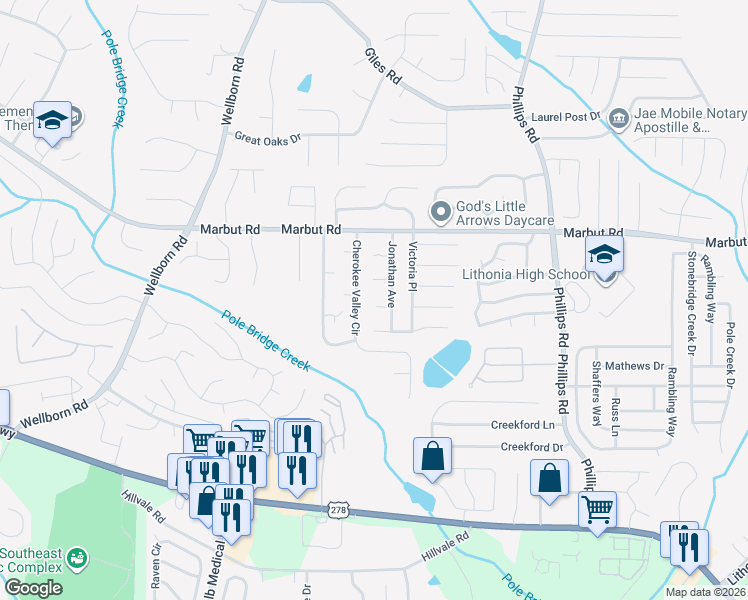 map of restaurants, bars, coffee shops, grocery stores, and more near 6109 Michael Road in Lithonia