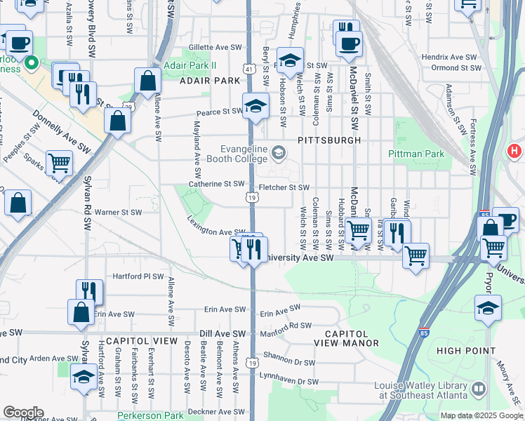 map of restaurants, bars, coffee shops, grocery stores, and more near 1117 Metropolitan Parkway Southwest in Atlanta