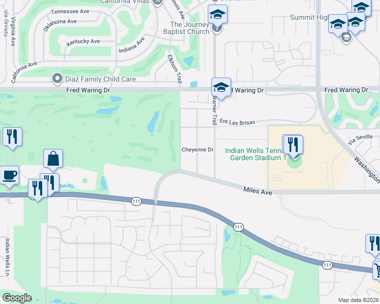 map of restaurants, bars, coffee shops, grocery stores, and more near 77379 Cheyenne Drive in Indian Wells