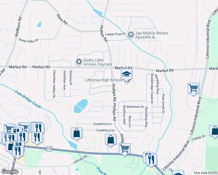 map of restaurants, bars, coffee shops, grocery stores, and more near 6297 Marbut Farms Trail in Lithonia