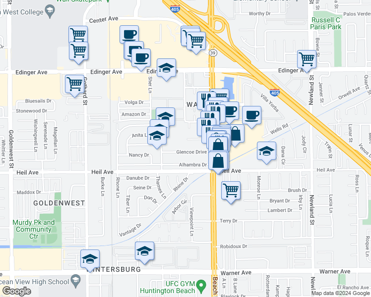 map of restaurants, bars, coffee shops, grocery stores, and more near 7851 Glencoe Drive in Huntington Beach