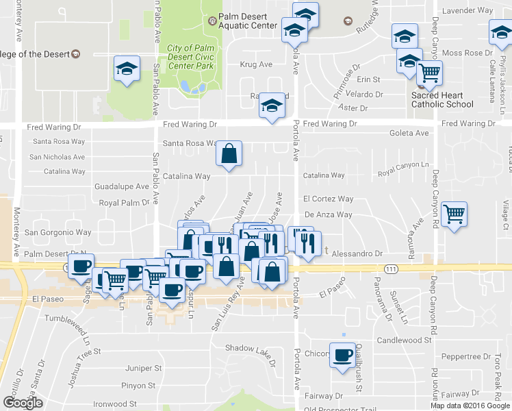 map of restaurants, bars, coffee shops, grocery stores, and more near 44587 San Luis Rey Avenue in Palm Desert
