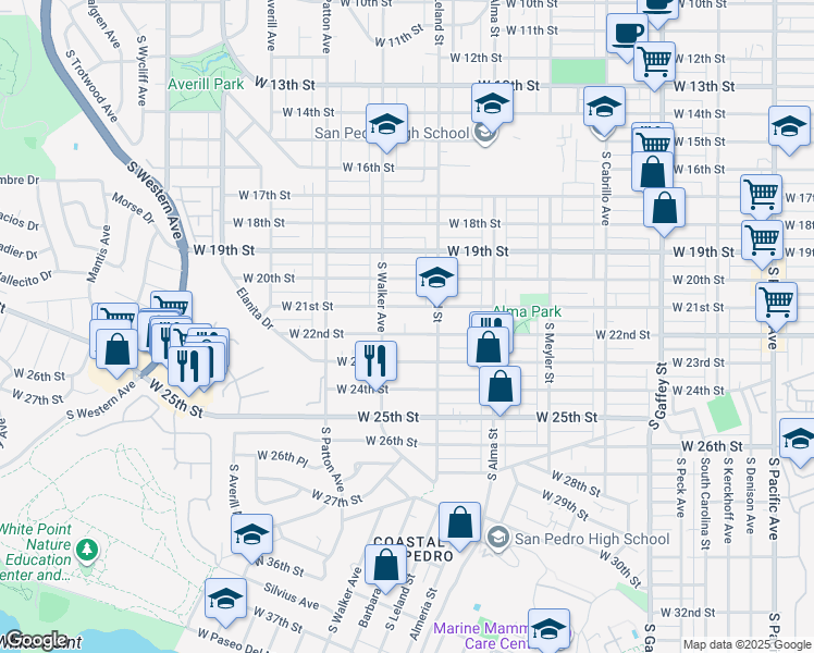 map of restaurants, bars, coffee shops, grocery stores, and more near 1152 W 22nd St in San Pedro