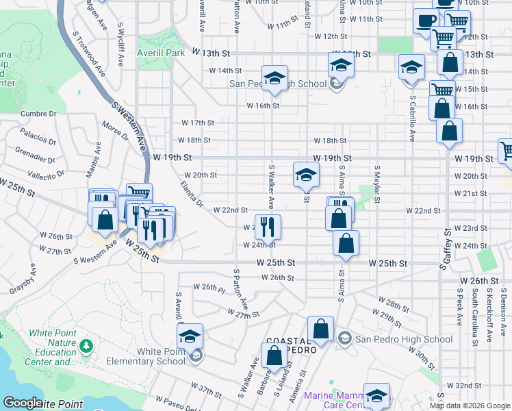 map of restaurants, bars, coffee shops, grocery stores, and more near 1240 West 22nd Street in Los Angeles