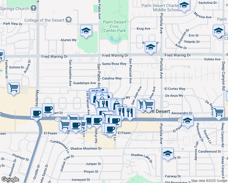 map of restaurants, bars, coffee shops, grocery stores, and more near 44525 San Carlos Avenue in Palm Desert