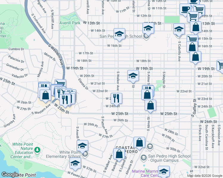 map of restaurants, bars, coffee shops, grocery stores, and more near 1240 West 22nd Street in Los Angeles
