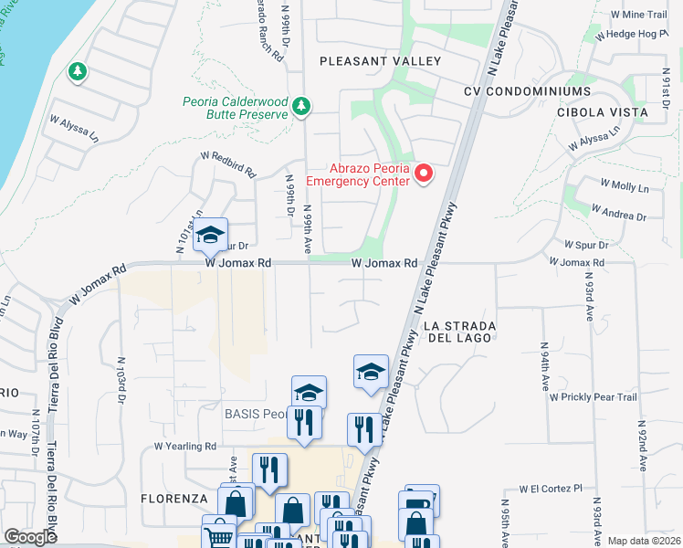 map of restaurants, bars, coffee shops, grocery stores, and more near 9808 West Tether Trail in Peoria