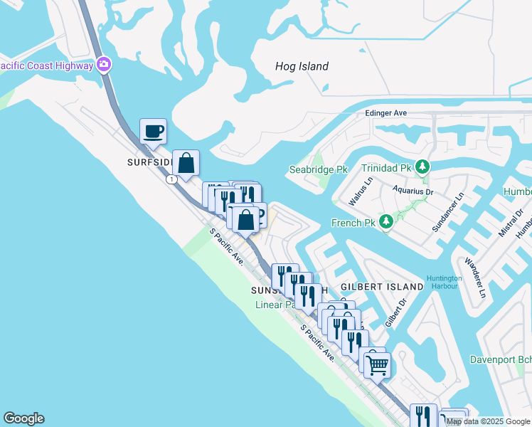 map of restaurants, bars, coffee shops, grocery stores, and more near 16450 Pacific Coast Highway in Huntington Beach