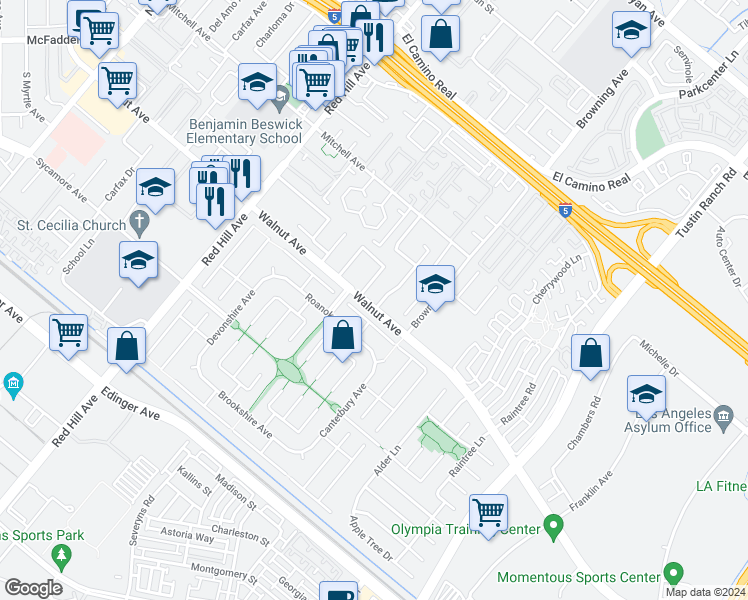 map of restaurants, bars, coffee shops, grocery stores, and more near 14491 Cloverbrook Drive in Tustin