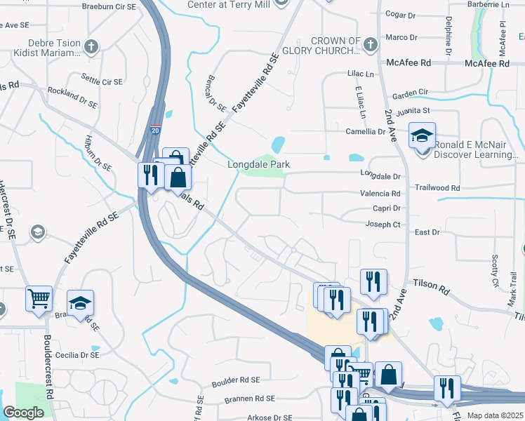 map of restaurants, bars, coffee shops, grocery stores, and more near 1691 Valencia Road in Decatur