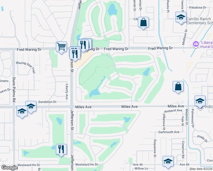 map of restaurants, bars, coffee shops, grocery stores, and more near 44516 Saint Andrews Place in Indio