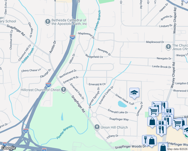 map of restaurants, bars, coffee shops, grocery stores, and more near 3966 Emerald North Drive in Decatur