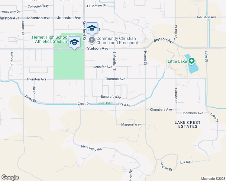 map of restaurants, bars, coffee shops, grocery stores, and more near 27341 Meridian Street in Hemet