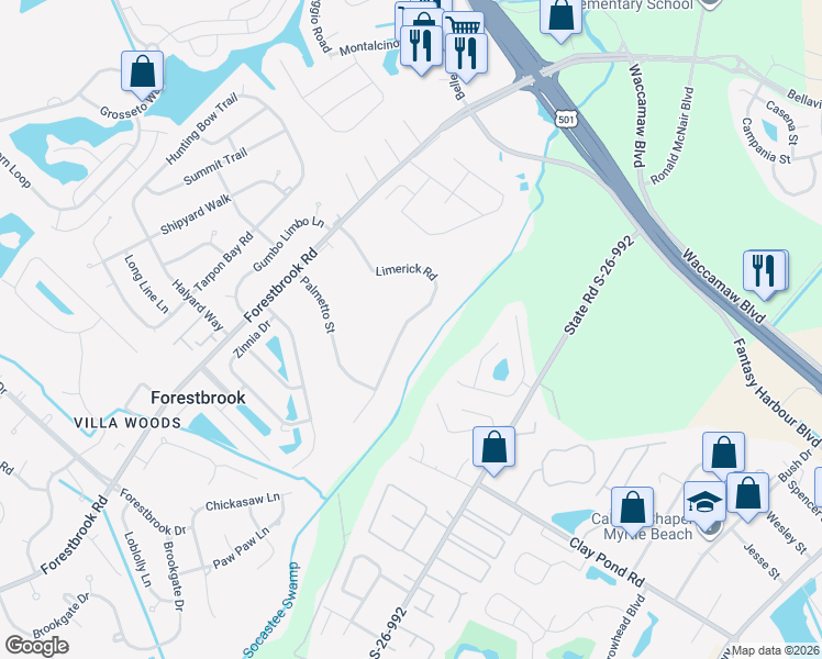map of restaurants, bars, coffee shops, grocery stores, and more near 3740 Limerick Road in Myrtle Beach