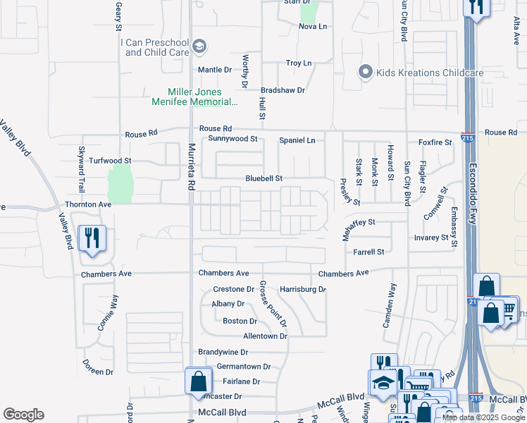map of restaurants, bars, coffee shops, grocery stores, and more near 27250 Murrieta Road in Menifee