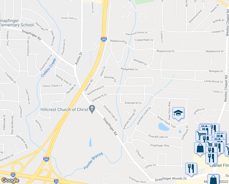 map of restaurants, bars, coffee shops, grocery stores, and more near 3924 Emerald North Drive in Decatur