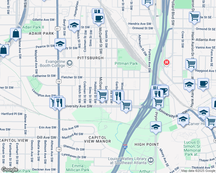map of restaurants, bars, coffee shops, grocery stores, and more near 1116 Smith Street Southwest in Atlanta