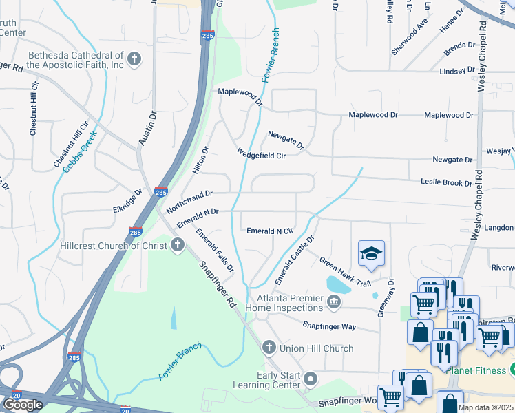 map of restaurants, bars, coffee shops, grocery stores, and more near 3966 Emerald North Drive in Decatur