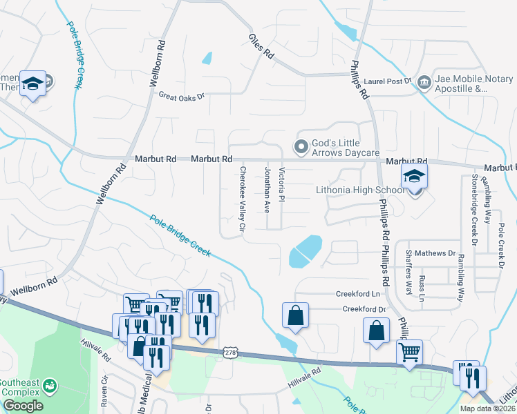 map of restaurants, bars, coffee shops, grocery stores, and more near 6109 Michael Road in Lithonia