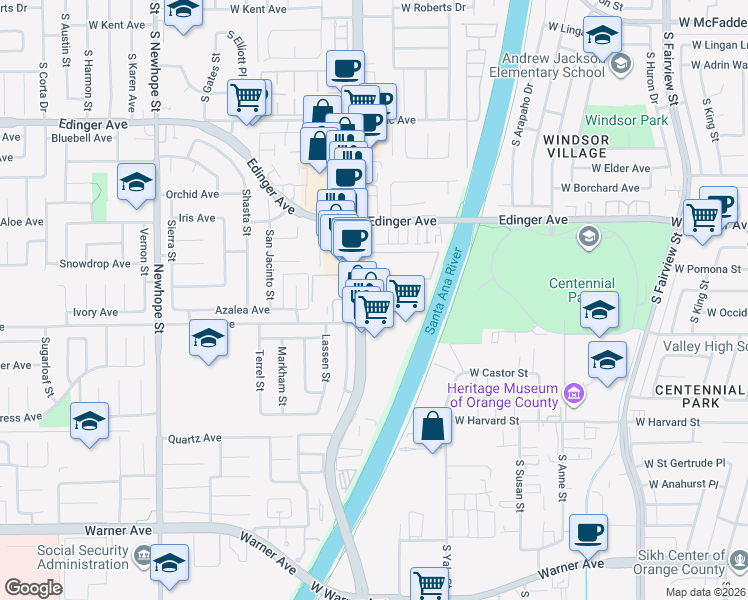 map of restaurants, bars, coffee shops, grocery stores, and more near in Fountain Valley